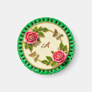 Íman Prato Decorativo Com Borda Verde E Rosa Vermelha