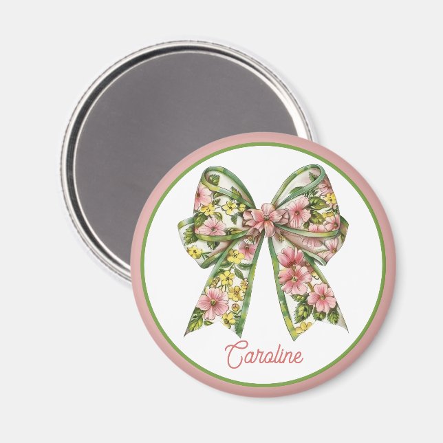 Íman Preppy Pink and Green Floral Bow Personalized (Front/Back)