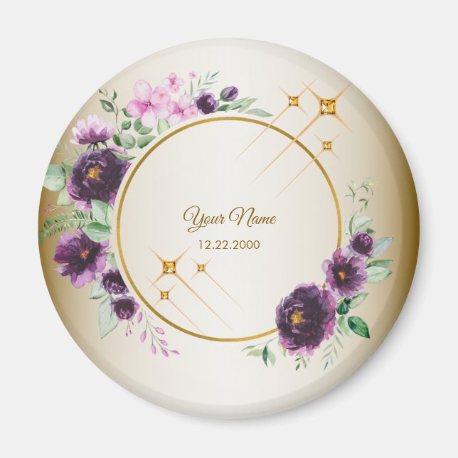 Íman Presente de Casamento Festa Roxo Rosa Floral Verde (Frente)