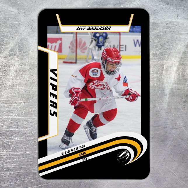 Íman Presente de Jogador de Hóquei no Gelo em Amarelo P (Ice Hockey: Stand out with this yellow jersey magnet featuring customizable player image, logo!)