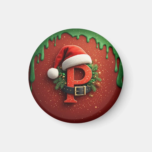 Íman Presente de Natal Monograma P com chapéu de Papai  (Frente)