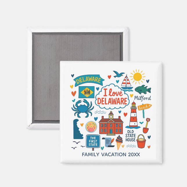 Íman Presente Personalizado de Viagem Familiar em Delaw (Front/Back)