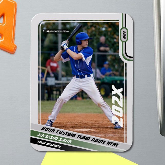 Íman Presente Personalizado para Jogador de Beisebol em (Baseball Player Magnet in Light Grey with Custom Team Name and Black Green Stripes)