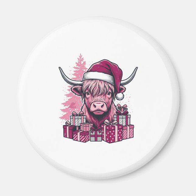 Íman Presentes de Natal da Vaca de Terras Altas Rosa Ar (Frente)