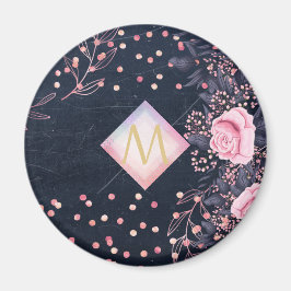 Íman Presentes Rosa Floral Rosa Dourado Monograma Navy 
