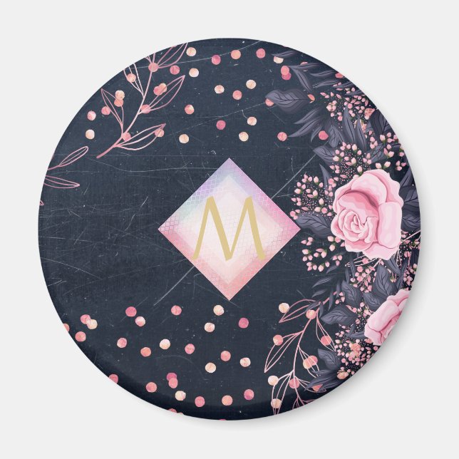 Íman Presentes Rosa Floral Rosa Dourado Monograma Navy  (Frente)