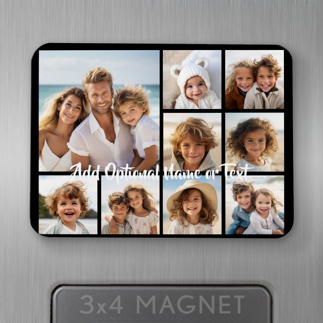 Íman Preto com Colagem Quadrada de Fotos 9 - com script (Personalized fridge magnet - add photos and custom text)