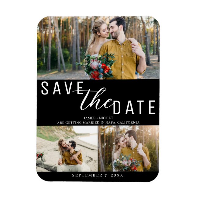Íman Preto e branco Salvar a data Casamento 3 Fotos (Vertical)