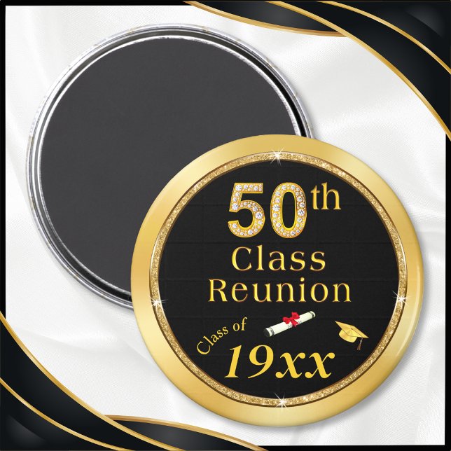 Íman Preto e Dourado, Souvenirs para a 50ª Reunião de C (Cheap 50th Class Reunion Gifts. Black and Gold, 50th class reunion magnets. 50 year high school idea)