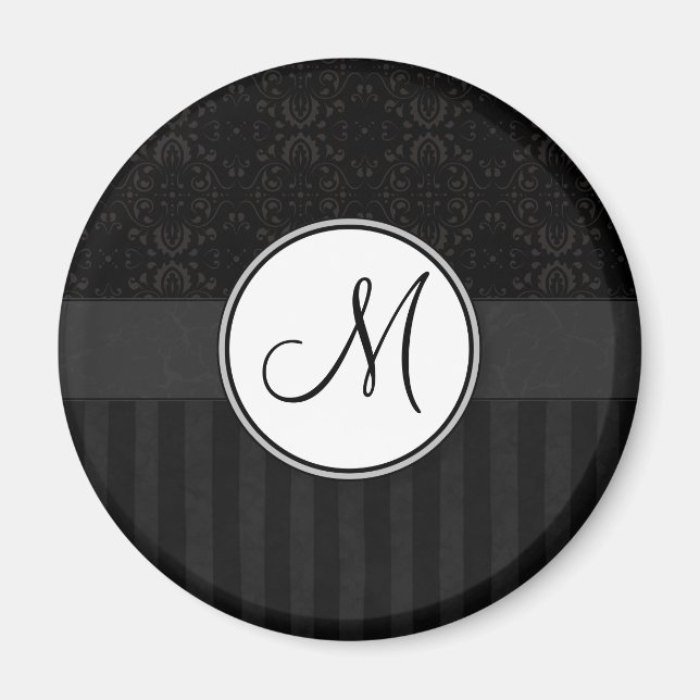 Íman Preto em Damasco Preto e Stripes com Monograma (Frente)