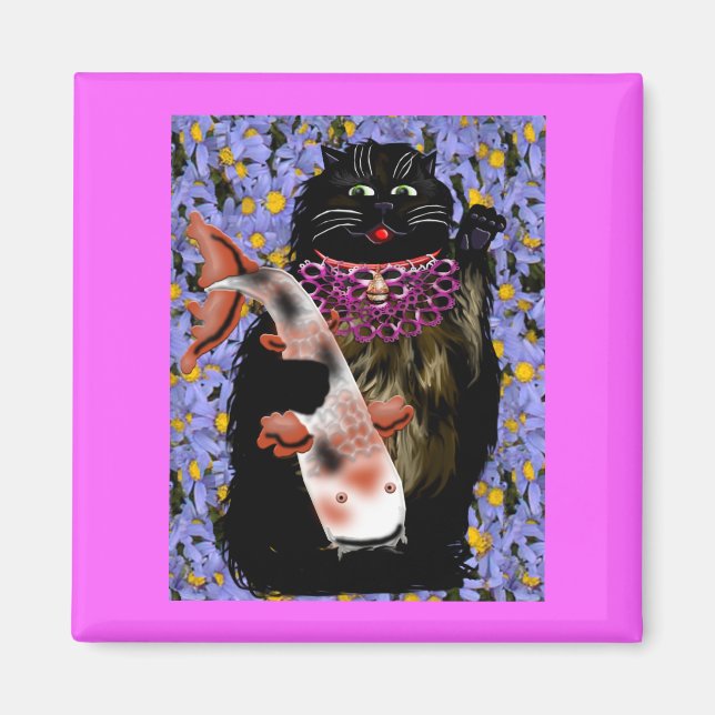 Íman preto maneki neko com koi (Frente)