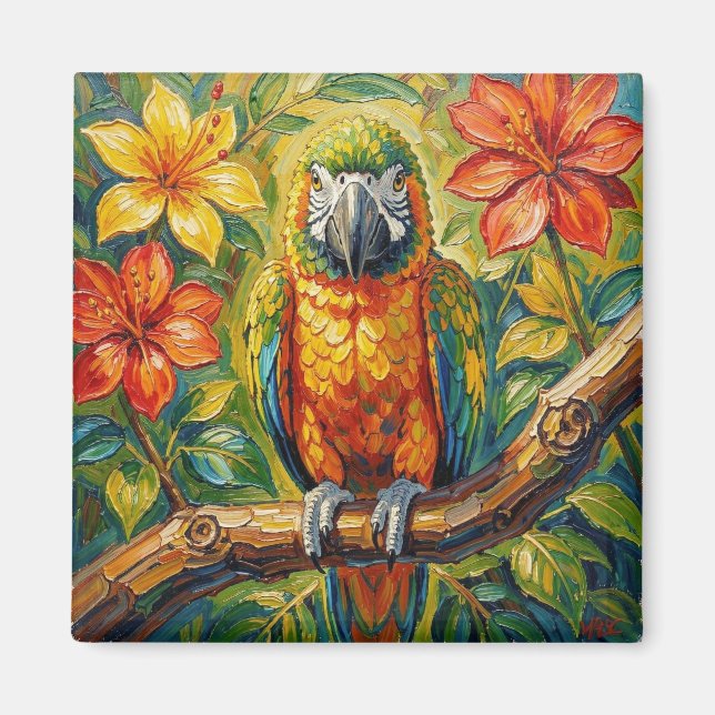 Íman Pretty Colorful Impasto Parrot and Tropical Flower (Frente)
