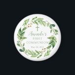 Íman Primeira Comunhão de Folhas Verdes Suaves<br><div class="desc">Bonita mão pintada com design de aquarela apresentando uma coroa verde macia e cruz.</div>