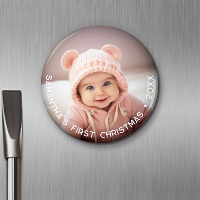 Íman Primeiro Natal do bebê - Foto simples curvada (Personalized Fridge Magnet - Add Custom Text)