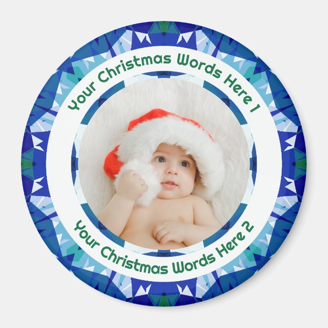 Íman Primeiro Natal do Bebê Presente de Foto Azul Verde (Frente)