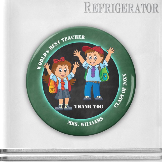 Íman Professor de Cartoon Chalkboard Obrigado Magnet (Cute cartoon magnet featuring happy kids on a blackboard - teacher appreciation - end of the year)