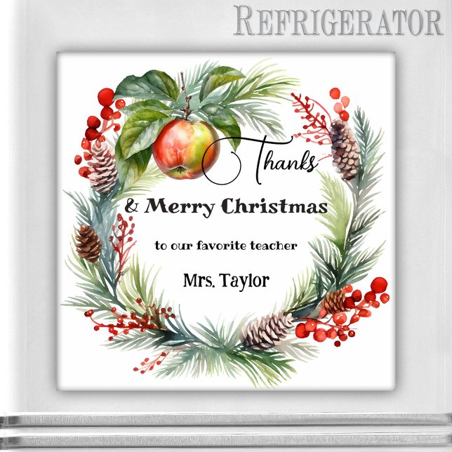 Íman Professor Natal Obrigado Magnet (Magnet featuring a watercolor Christmas holiday wreath with an apple. Thank You teacher gift)