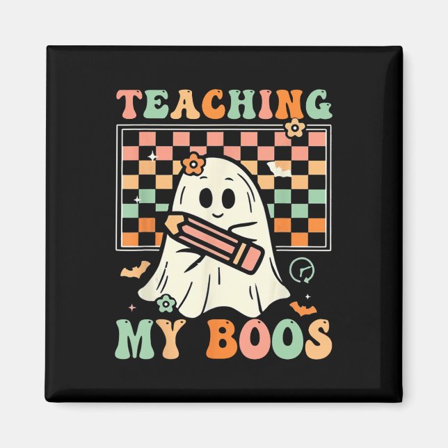 Íman Professora Cute Ghost Groovy Professora Halloween  (Frente)