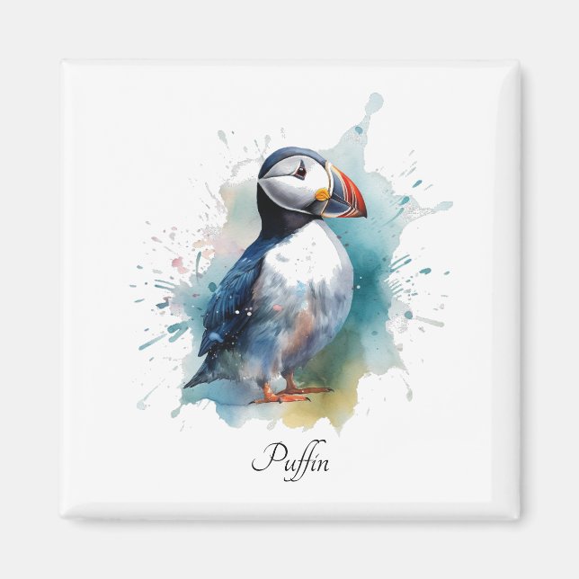 Íman Puffin branco em cor azul-d'água, personalizável (Frente)