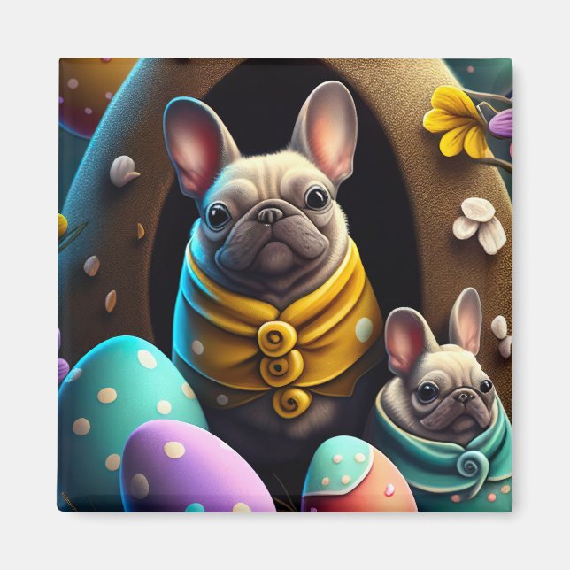 Íman Pug Adorável com Ovos de Páscoa Um Festejo Fofo (Frente)