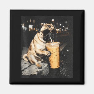 Íman Pug bebendo café gelado cachorro legal óculos engr