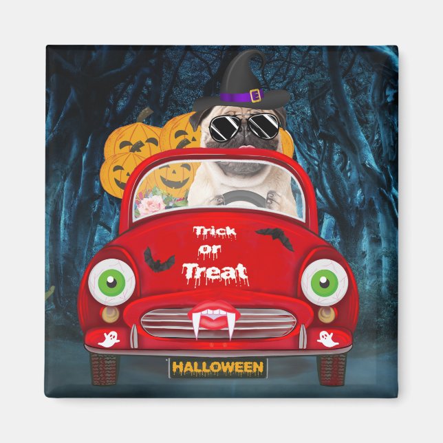 Íman Pug Cão Dirigindo Carro Assustador Halloween (Frente)