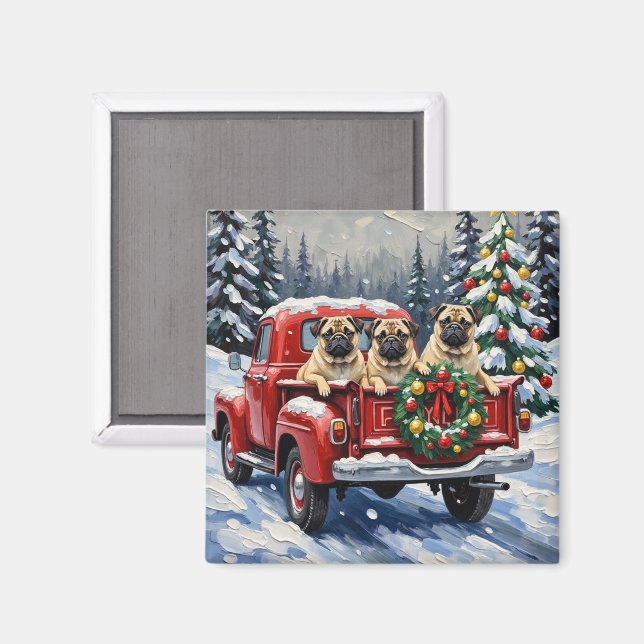 Íman Pug Christmas Red Truck Holiday (Front/Back)