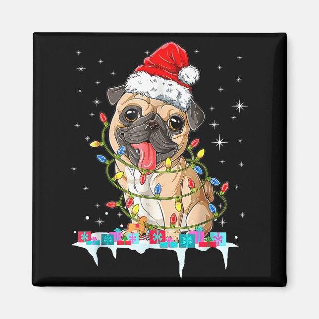 Íman Pug Christmas Tree Lights Santa Dog Xmas  (Frente)