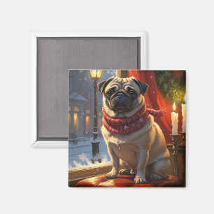 Íman Pug com Férias das Luzes de Natal
