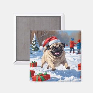 Íman Pug correndo na neve com chapéu de Natal