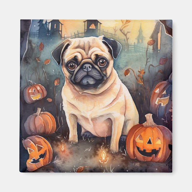 Íman Pug De Halloween Com Pumpkins Assustado (Frente)