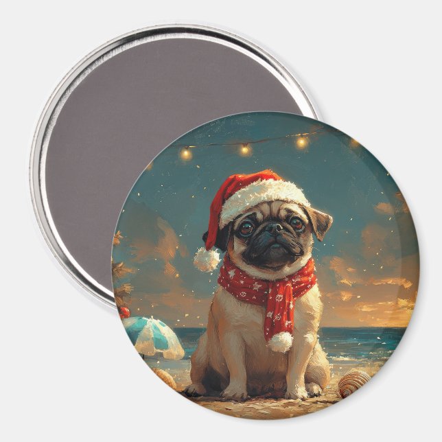 Íman Pug Dog Christmas Vintage Beach (Front/Back)