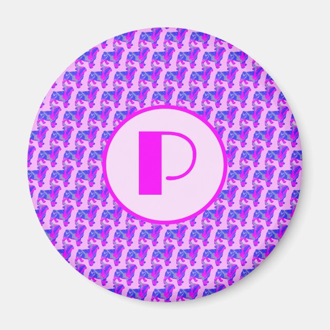 Íman Pug Dog Silhouette Pink & Blue Silhouket Monograma (Frente)