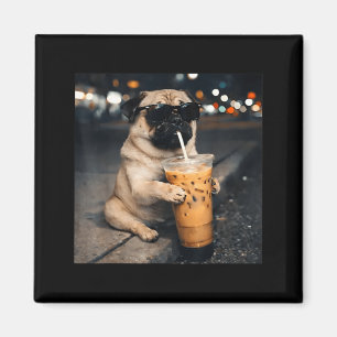 Íman Pug Engraçado Bebendo Café Gelado Meme de Humor Ca