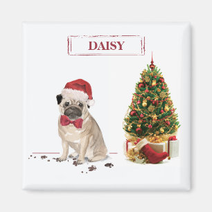 Íman Pug Engraçado Cachorro de Natal Engraçado com Árvo
