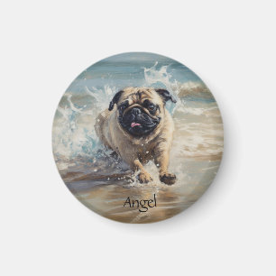 Íman Pug Feliz na Praia personalizável
