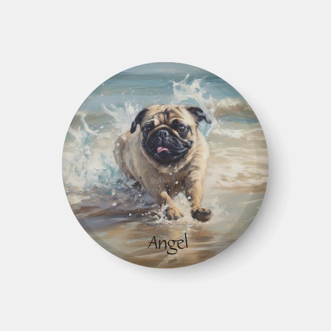 Íman Pug Feliz na Praia personalizável (Frente)