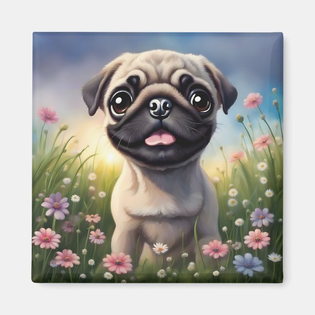 Íman Pug Flowers (Frente)