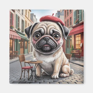 Íman Pug Parisiense em Café na Calçada