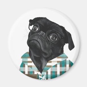 Íman Pug Preto Adorável com Óculos e Camisa