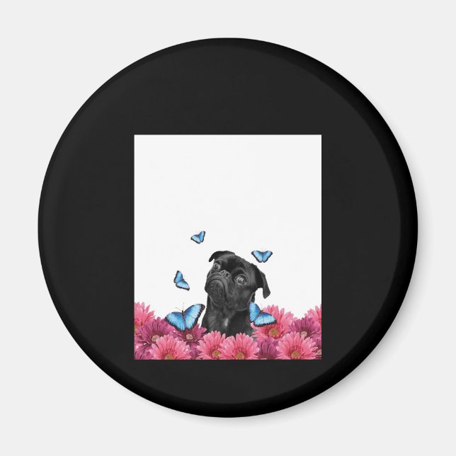 Íman Pug Preto Com Borboletas Azuis E Gerberas (Frente)