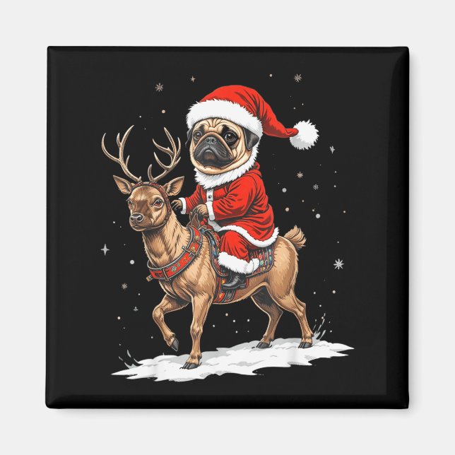 Íman Pug Santa Riding Reindeer Christmas Holiday Puppy  (Frente)