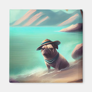 Íman Pug se divertindo na praia pintando arte