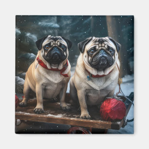 Íman Pug Snowy Sleigh Decoração de Natal