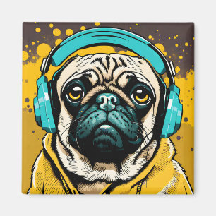 Íman Pug vestindo fones de ouvido