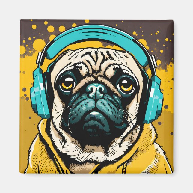 Íman Pug vestindo fones de ouvido (Frente)