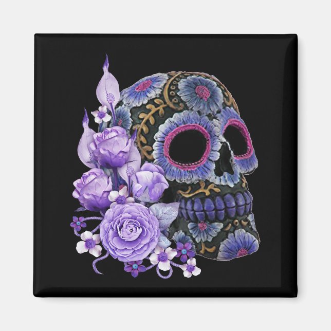 Íman Purple Floral Black Sugar Skull Dia Dos Mortos (Frente)