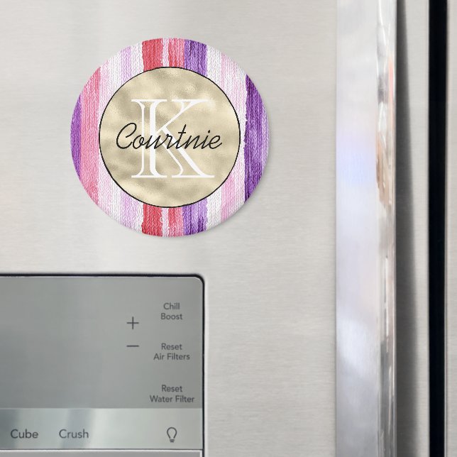 Íman Purple Pink Blush Red Stripes Gold Monogram      (In Situ (Fridge))