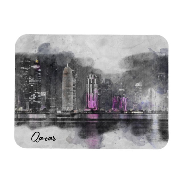 Íman Qatar noturno da Watercolor (Horizontal)