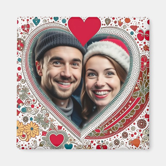 Íman Quadro bonito de Corações Vermelho e Turquesa (Frente)